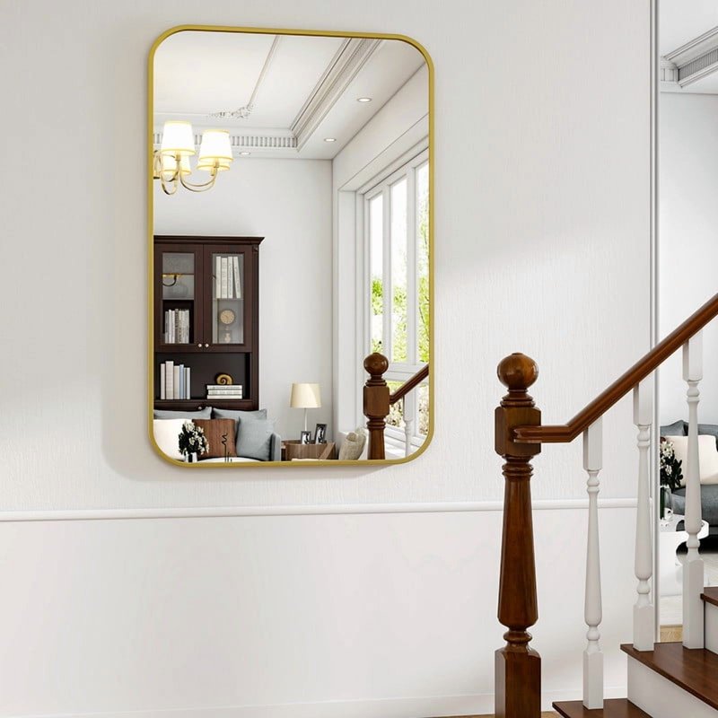 Bathroom Mirror 36x24 Inch Wall Mounted Rectangular Vanity Mirror with Rounded Corners - Gold - Easy4Home