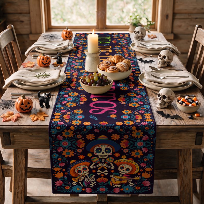 Halloween Skull Table Runner 13x72 Inch Watercolor Marigolds Decor - Variation G