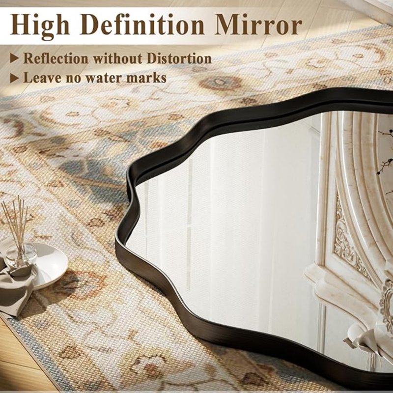 24-Inch Wavy Round Bathroom Mirror Wall Mounted Vanity Mirror Black - AUROMIR