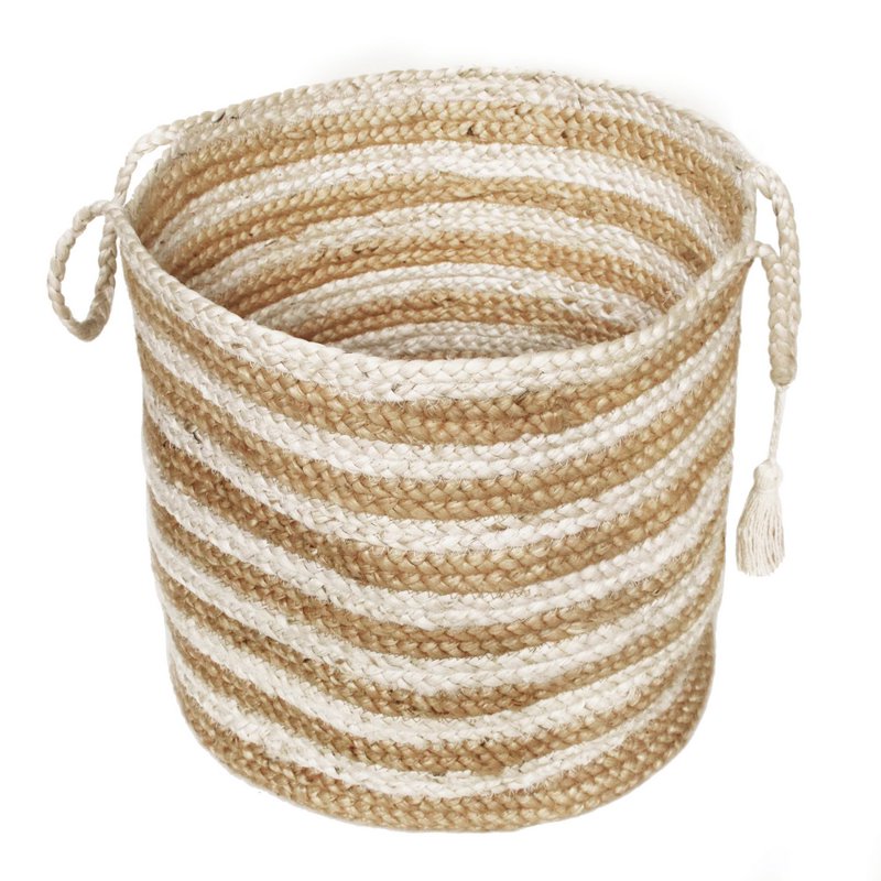 Round Woven Jute Storage Basket with Handles - 19 Inch, White Multi Stripe