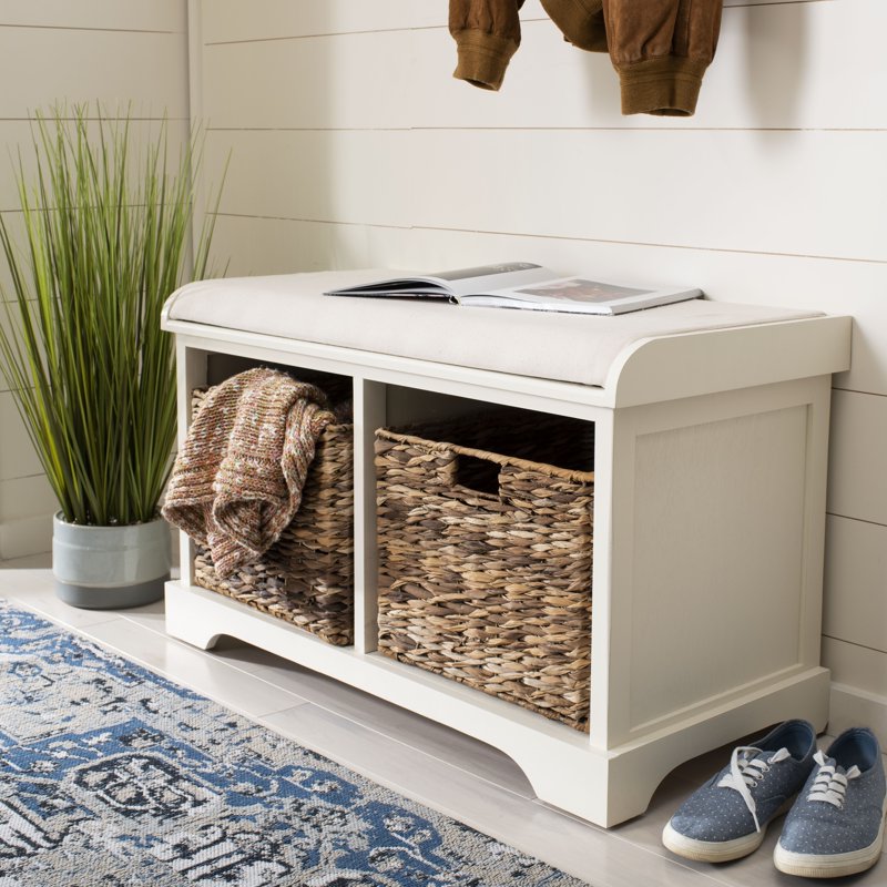 Contemporary Wicker Storage Bench with Cushion - Vintage White