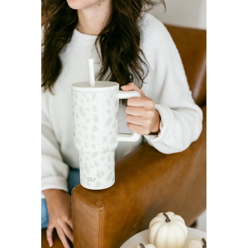 Insulated Stainless Steel Trek Tumbler with Straw Lid - Falling Leaves on Cream