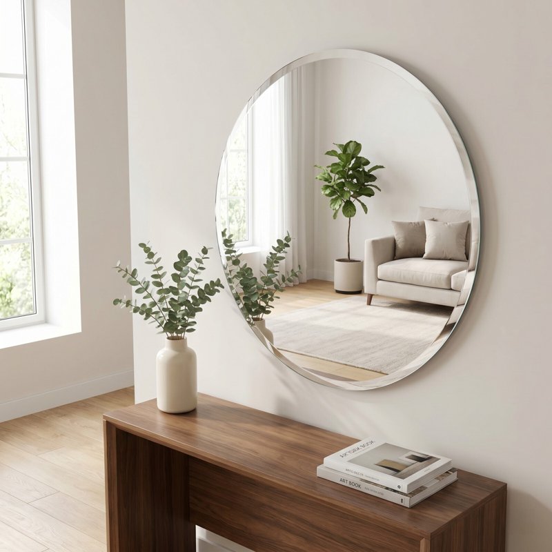 Easy4Home Frameless 30x30 Inch Beveled Round Bathroom Wall Mirror