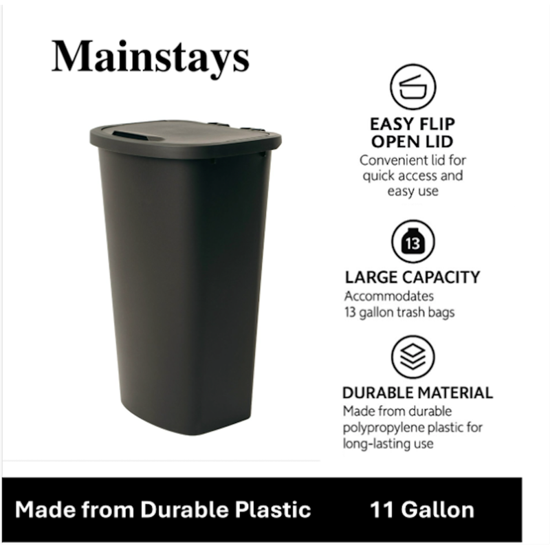 11 Gallon Plastic Kitchen Trash Can with Lift-Top Lid - Black