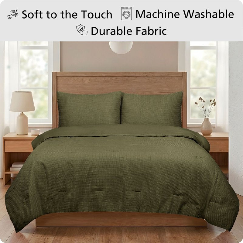 King Waffle Comforter Set with Matching Shams - Mossy Green, 3-Piece