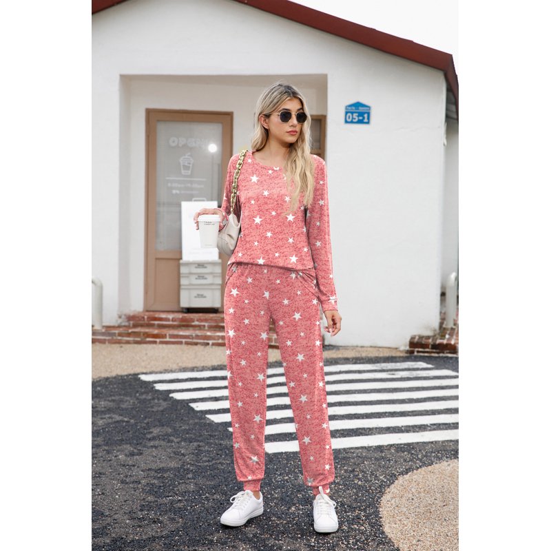 Women's Pajama Set Long Sleeve Sleepwear Lounge Sets with Pockets - White Star Red, S