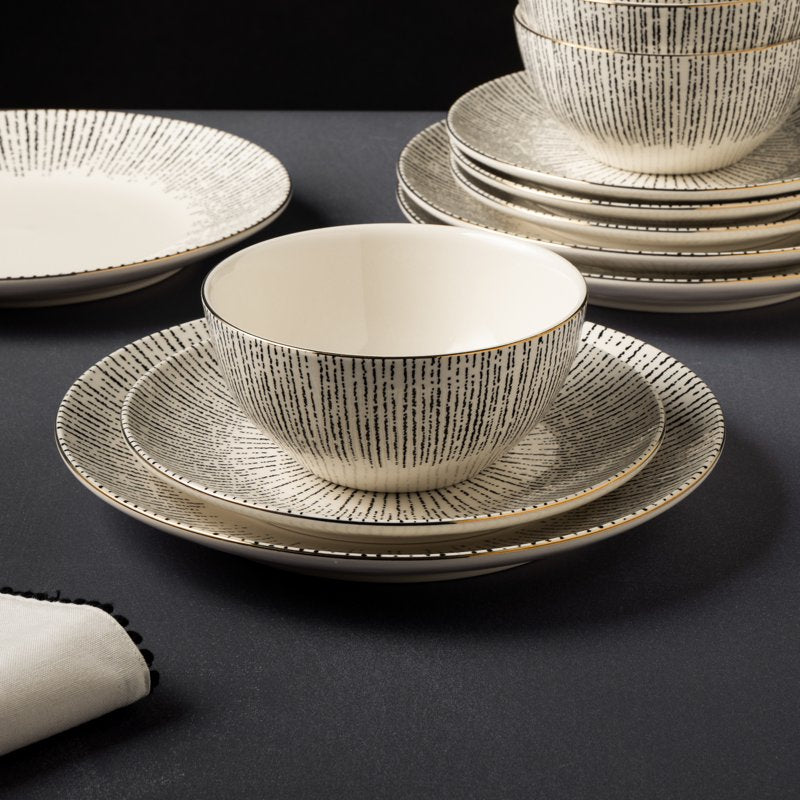 Ceramic Serving Bowl with Gold Rim - Modern Linear Design - Single