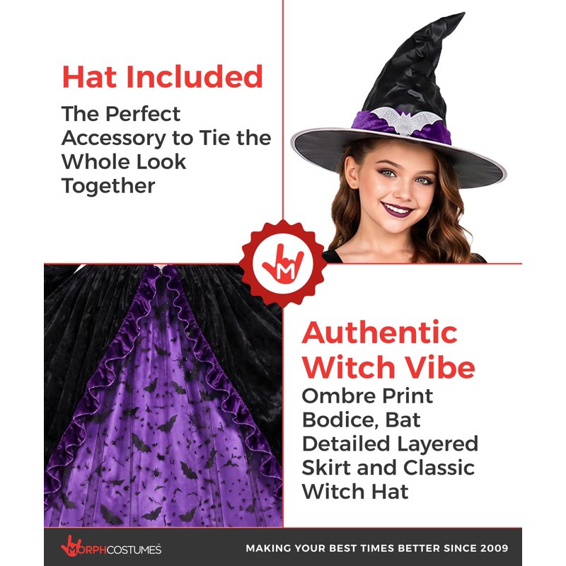 Kids Witch Costume Hat - Morph Deluxe Girls Purple & Black Fancy Dress M