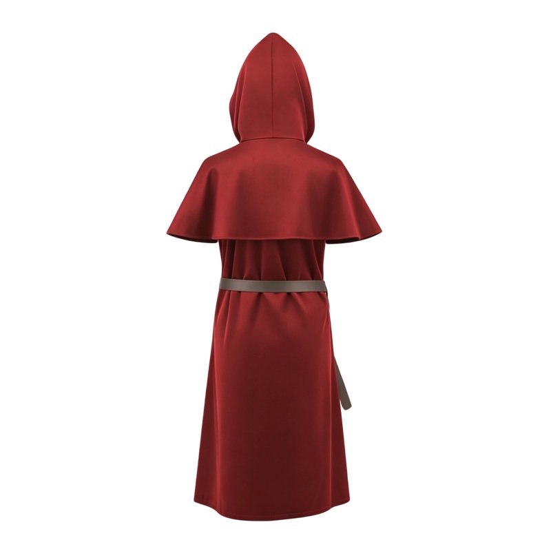 Medieval Monk Robe Hooded Cloak Costume Set with Belt - BB-Wine, M