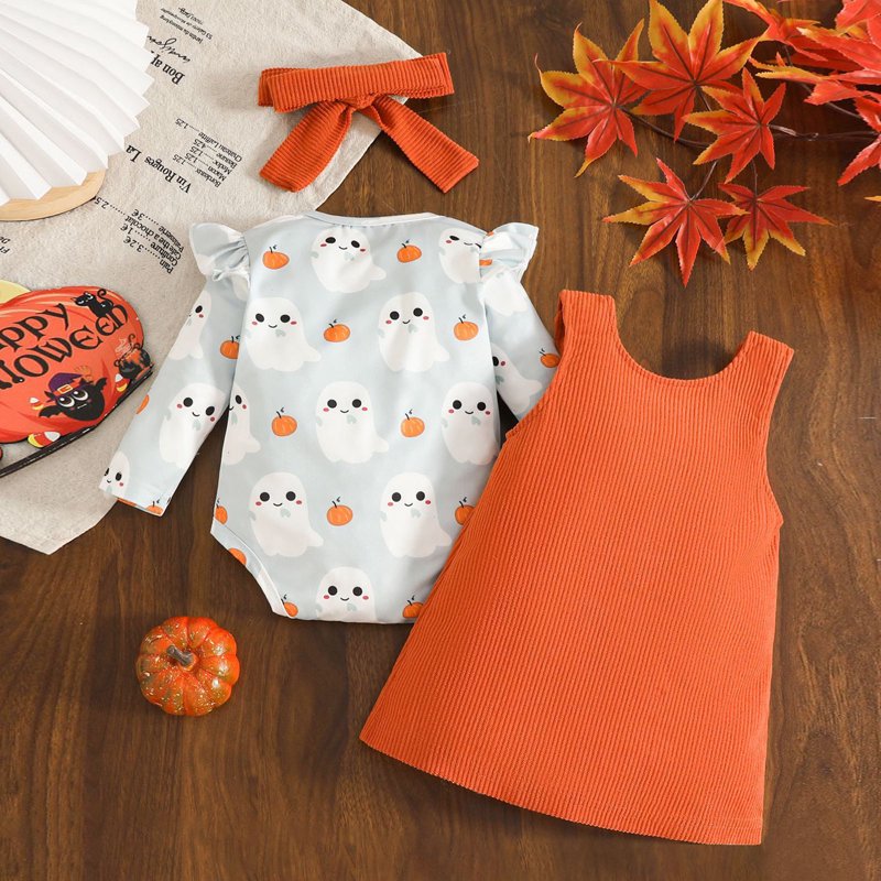 Halloween Baby Girl Outfit A13-Orange Ruffle Romper & Overalls Set - 0-3 Months