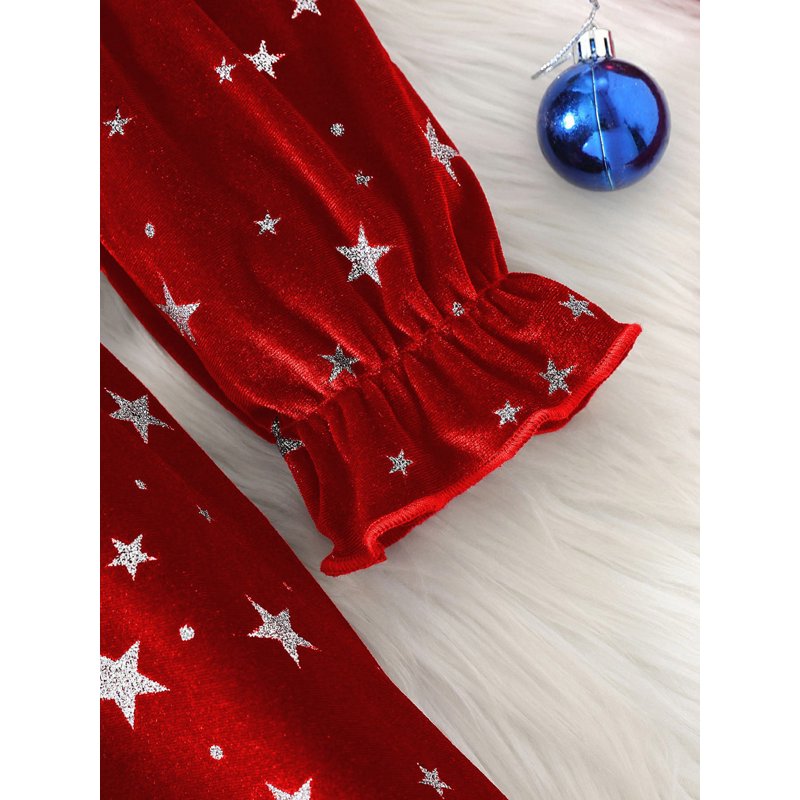 Red Girl Velvet Star Print Dress with Ruffle Hem & Bow Belt - Size 3-4 Years