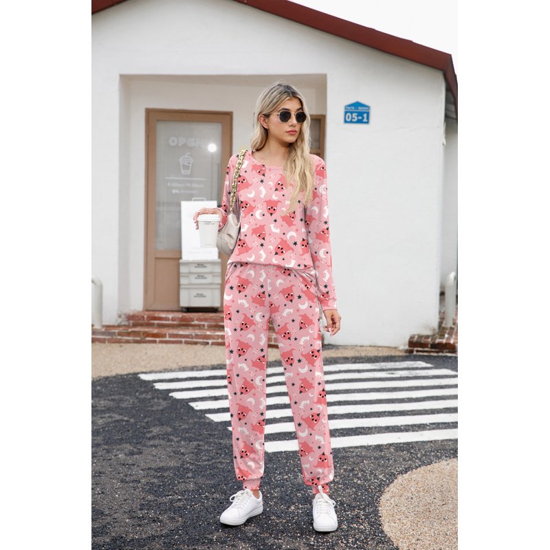 Pink Unicorn Pajama Set for Women - Long Sleeve Sleepwear with Pockets, Size L