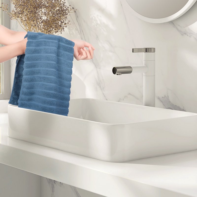 Cotton Hand Towels Striped Pattern Decorative Towel 14x30 Inches - Blue Grey