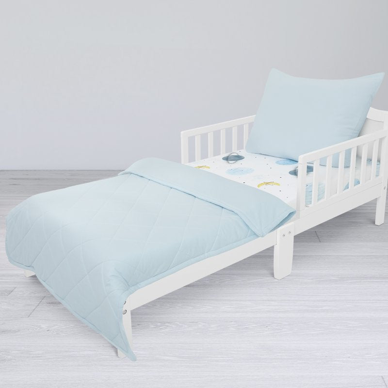 Toddler Bed Set with Organic Cotton Fitted Sheet & Comforter - Space Adventure Arctic Blue