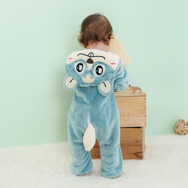 Kids Animal Hooded Flannel Romper - Blue, 18-24 Months