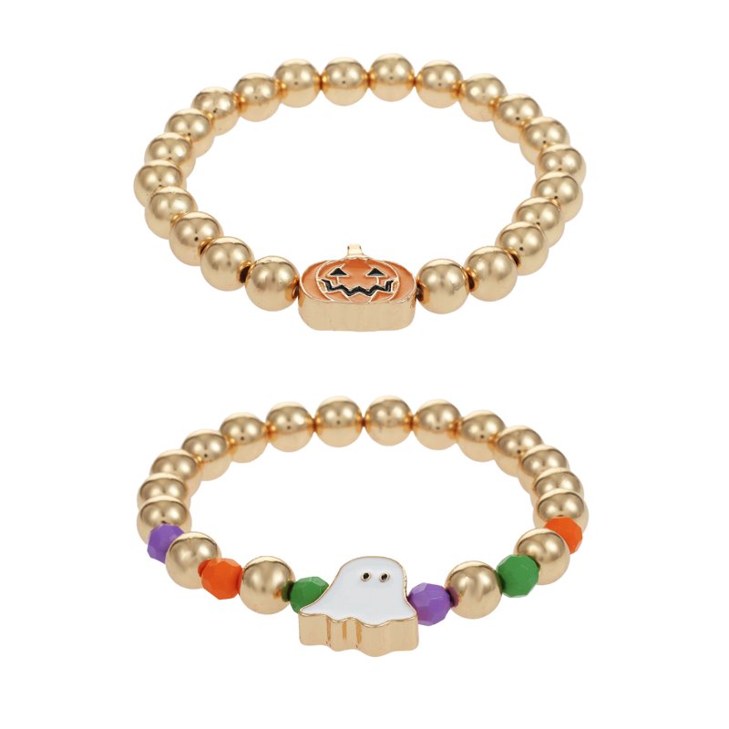 Pumpkin Halloween Charm Stretch Bracelet Set - Spooky Era Beaded Accessories, 2 Pieces