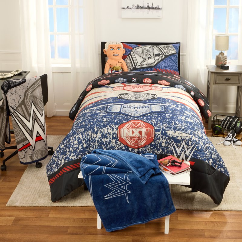 WWE Kids Twin Black 3-Piece Sheet Set with Championship Belt & Logo Print