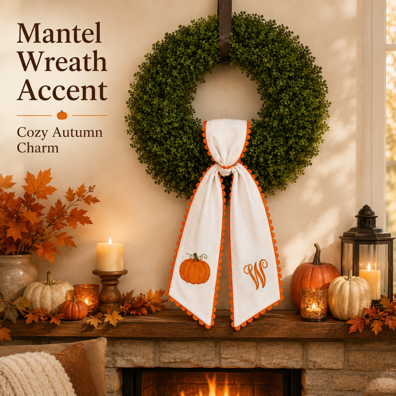 Pumpkin Embroidered Wreath Sash - Fall Orange Scalloped Ribbon for Halloween & Thanksgiving - Variation W