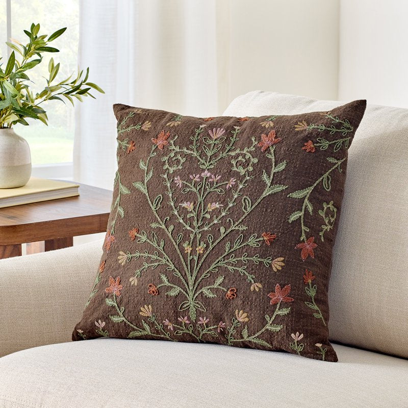 Brown Floral Embroidery Decorative Throw Pillow 20x20 for Indoor Use
