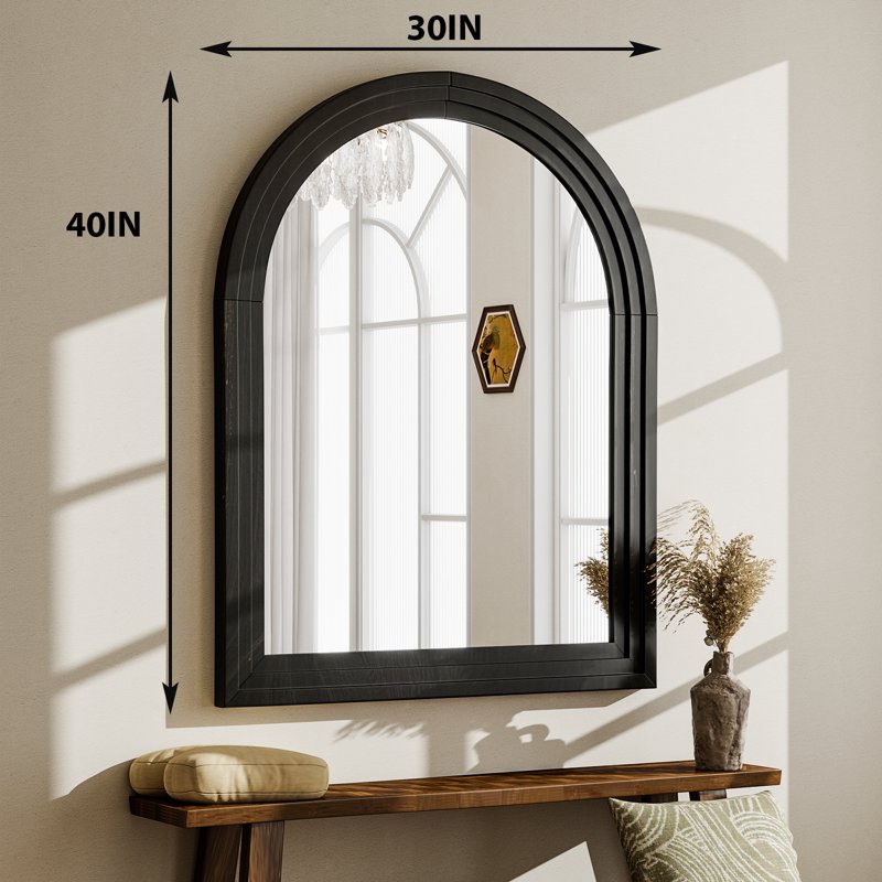 30x40 Inch Arched Bathroom Mirror with Wooden Frame - Black