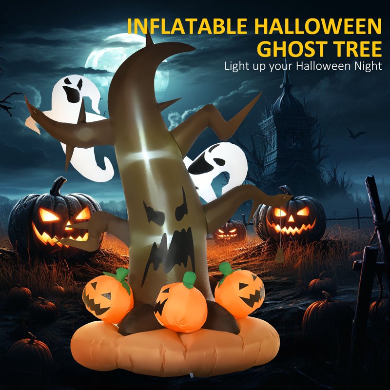 Lighted Outdoor Halloween Decoration Dead Tree with Ghost & Pumpkins - 8'