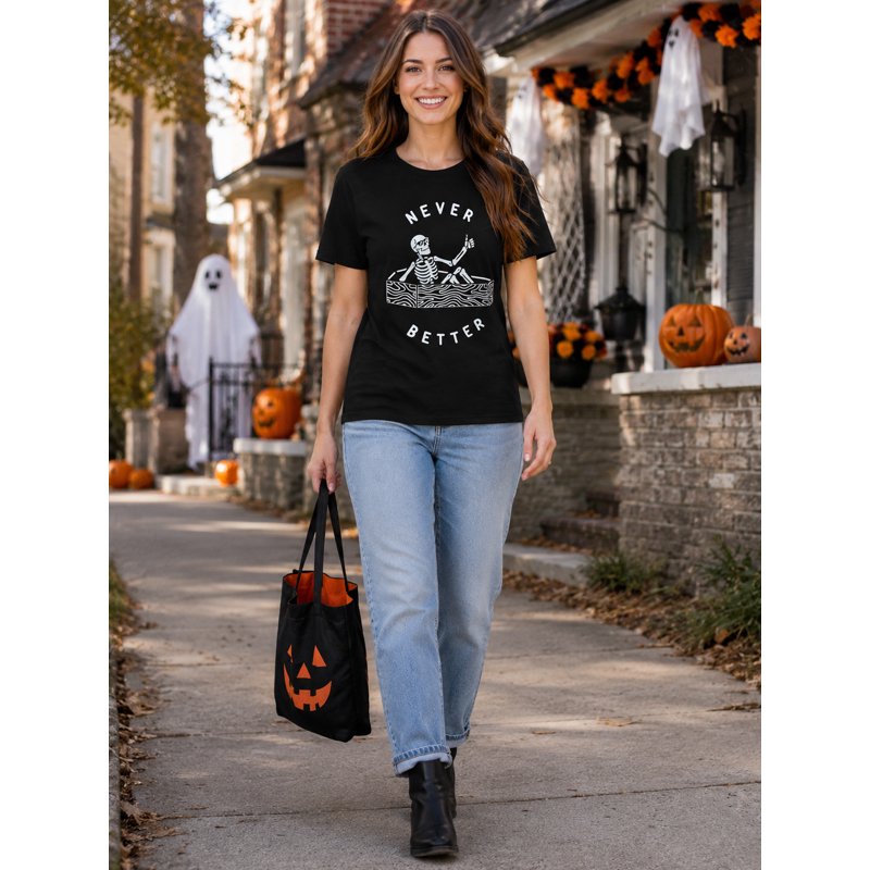 Women’s Halloween Skeleton Graphic T-Shirt with 'Never Better' Text - Black, Large