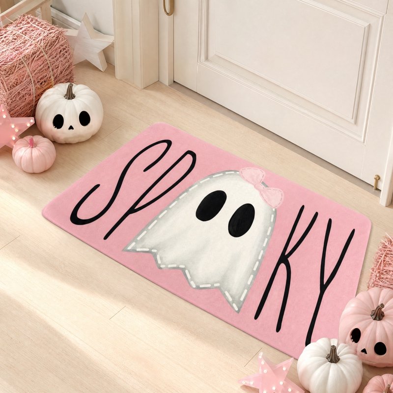 Pink Ghost Halloween Doormat - Cute Rubber Backing Indoor Outdoor Entryway - Variation O