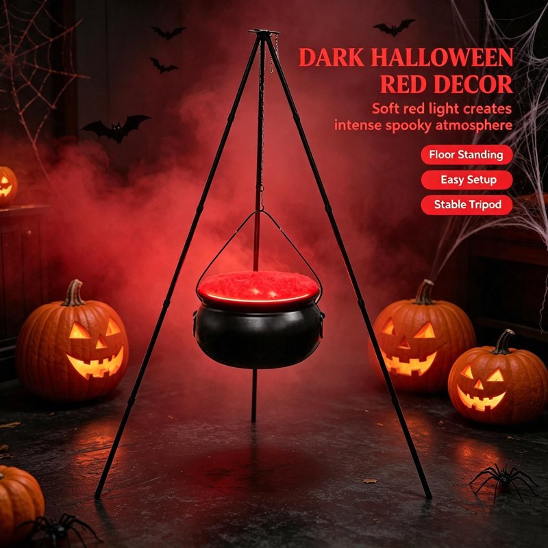 Halloween Outdoor Cauldron Decoration with Tripod & Timer Lights - Red 30.4x7.8 Inches - Versatile Yard & Party Decor - Variation: 11-Red, C