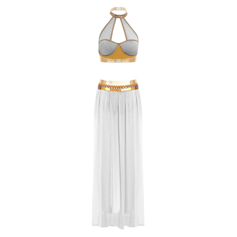 Women's Belly Dance Costume Set XL - Sequin Tassel Crop Top & Mesh Skirt White A