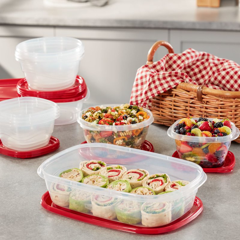 5-Cup Food Storage Containers - Set of 3, Red Plastic Bowls