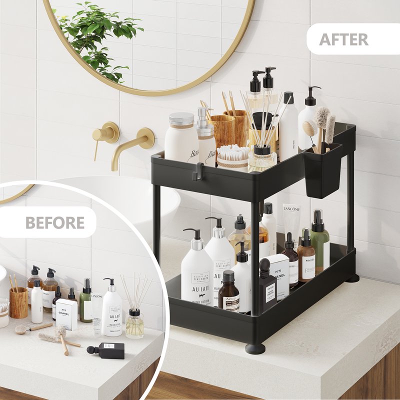 Under Sink Organizer 2-Tier with Hooks & Non-Slip Grip - Black, 2 Pack