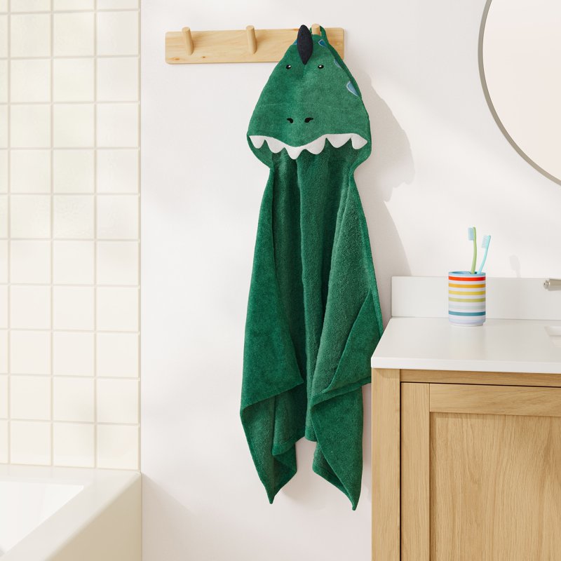 Kids Hooded Cotton Terry Bath Towel - Green Dino, 25x50 Inches