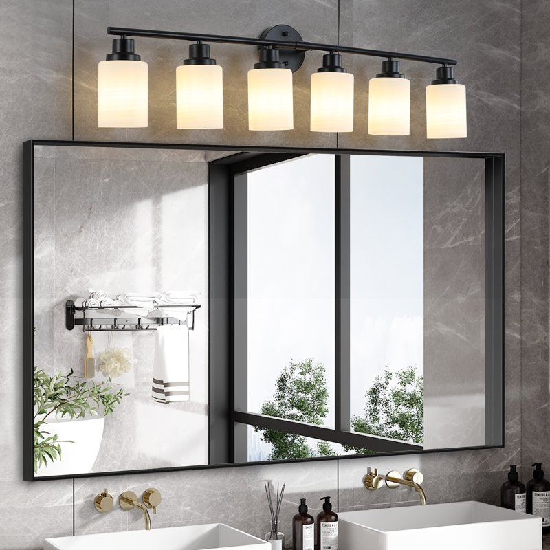 Black 39-Inch Modern Vanity Bathroom Light Fixture with Frosted Glass & Metal Frame - 6-Light