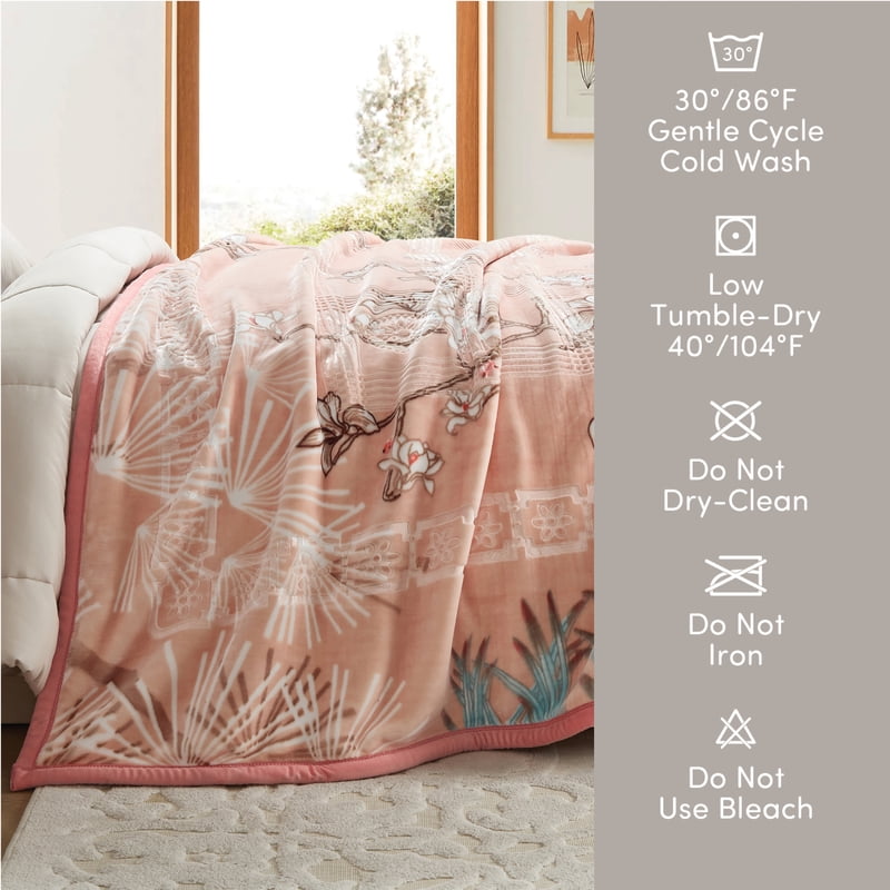 Queen Size Korean Mink Fleece Blanket - Peach Reversible Heavyweight Winter Bedding