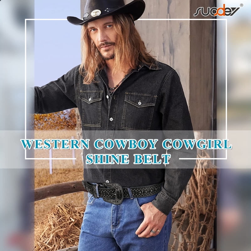 Sparkly Rhinestone Belt for Women and Men Western Cowboy Cowgirl Bling Leather Belt with Detachable Buckle - Black, Fits Waist 27-33 inches