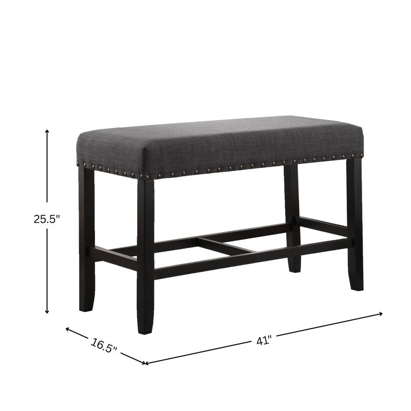 Gray Fabric Counter Height Dining Bench with Nailhead Trim