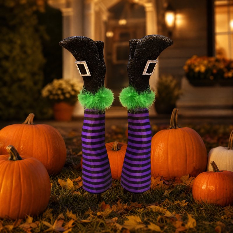 Halloween Witch Leg Yard Stakes with Purple Black Striped Stockings - Outdoor Garden Decor - Set of 2 - Glitter Finish (Variation: Purple)