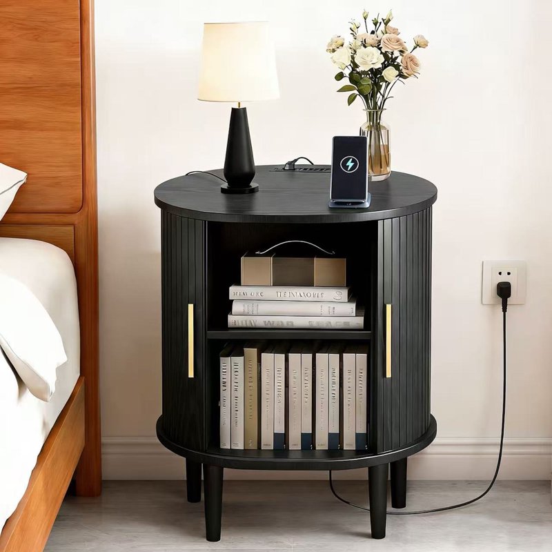 Nightstand with Charging Station - Fluted Accent Table, Black