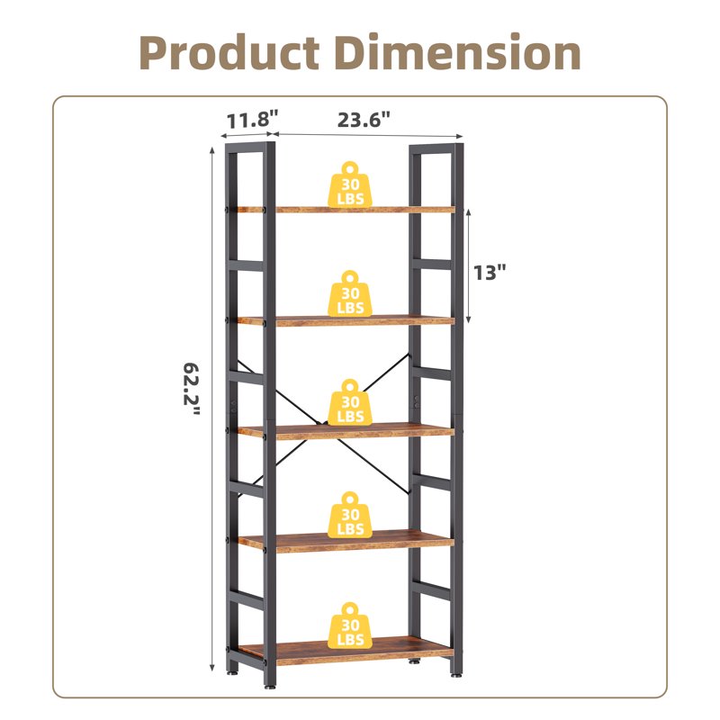 5 Tier Bookshelf - Modern Bookcase Storage Organizer
