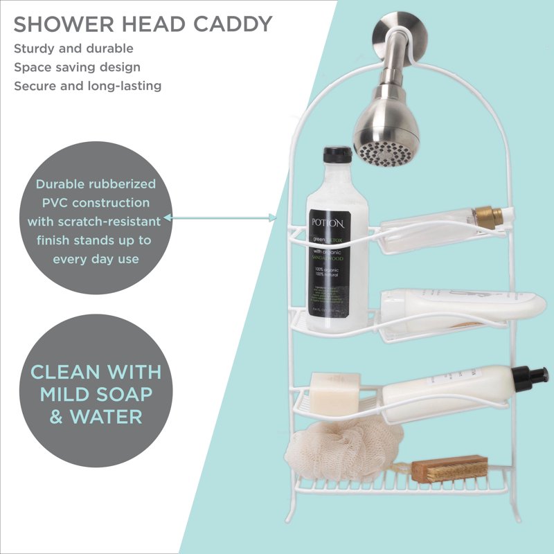 Metal Shower Organizer with 4 Shelves and Hooks - White Bathroom Caddy