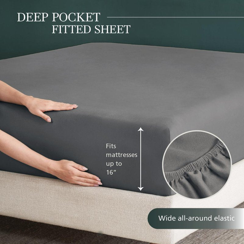 Twin Dreamy Soft Cotton Bed Sheet Set - 220 Thread Count Brushed Sateen, Deep Pocket, Soothing Grey