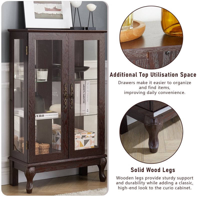 Curio Display Cabinet with Light & Tempered Glass Doors - Dark Walnut