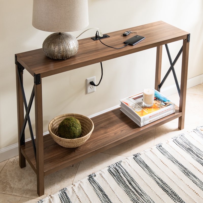 Industrial Rectangular Wood Console Table with USB Charging Ports - Walnut