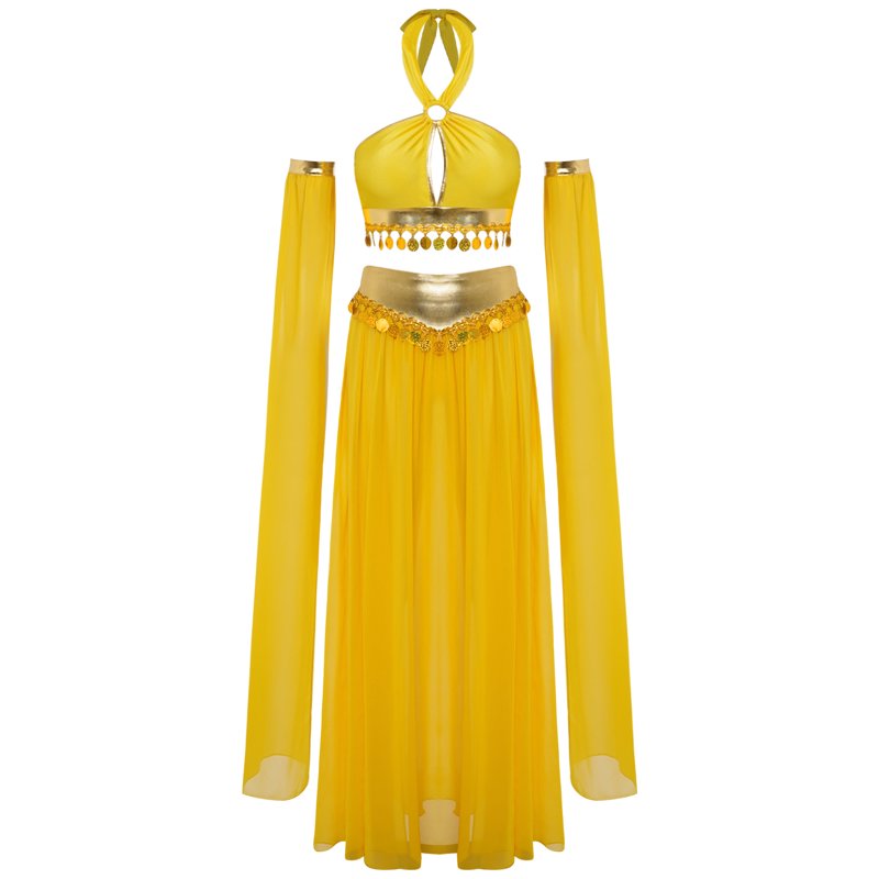 Women Belly Dance Costume Set with Chiffon Skirt and Crop Top - Yellow, S