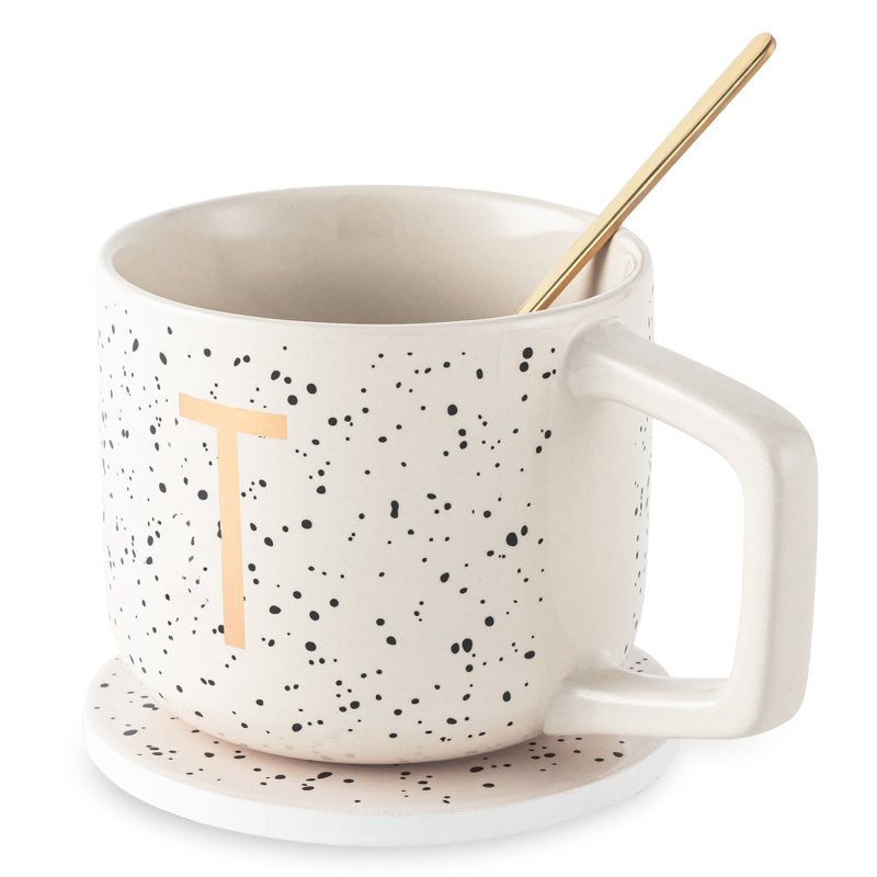 Personalized Monogram T Stoneware Mug Set with Coaster & Stir Spoon