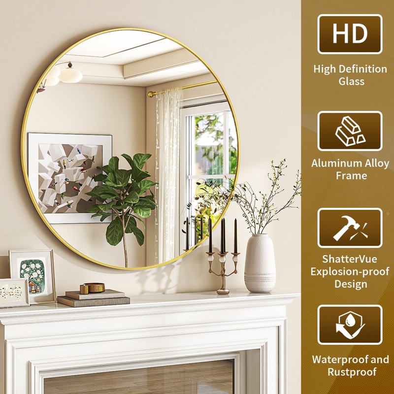 Round Wall Mirror 36 Inch Gold Frame Aluminum Alloy Bathroom Mirror - Variation: 36" Gold