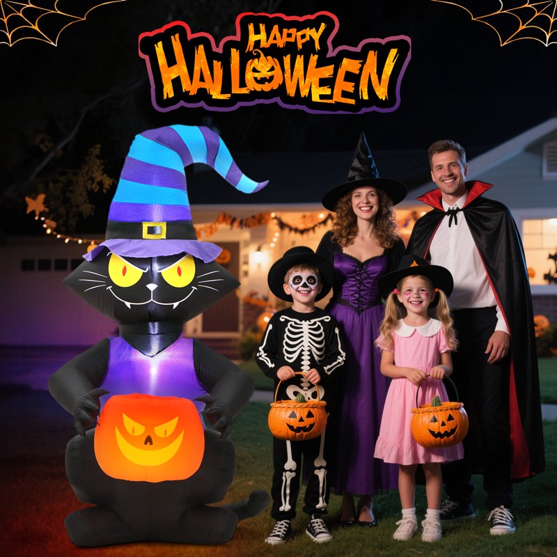 Inflatable Halloween Black Cat with Glowing Jack-o'-Lantern & Witch Hat, 6ft Outdoor Decor