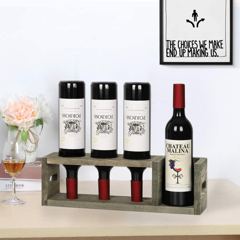 Rustic Wood Countertop Wine Rack for 4 Bottles - No Assembly Required