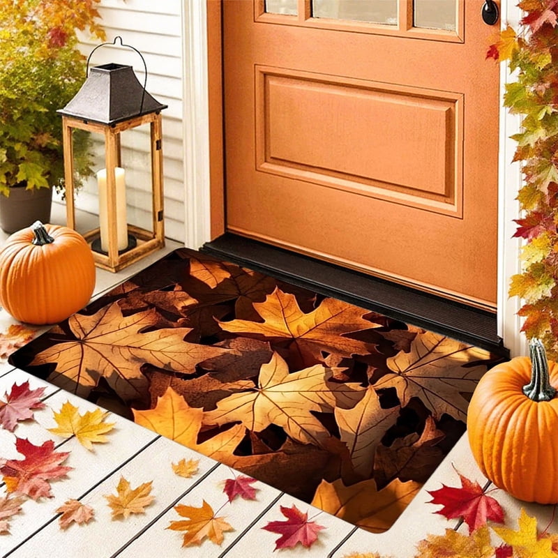 Non-Slip Fall Doormat - Absorbent Waterproof Entrance Rug with Pumpkin & Leaves - Variation A