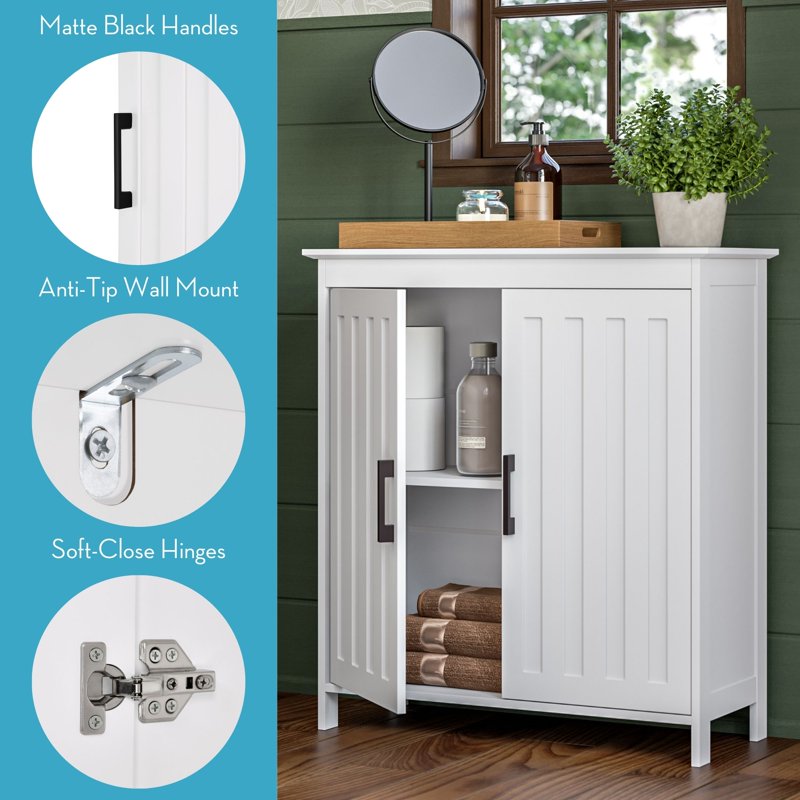 Bathroom Linen Storage Cabinet with Double Doors and Adjustable Shelves - White